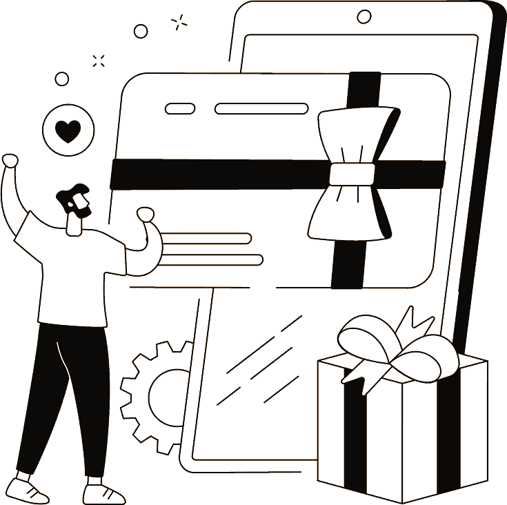 Someone celebrating beside a gift and a phone